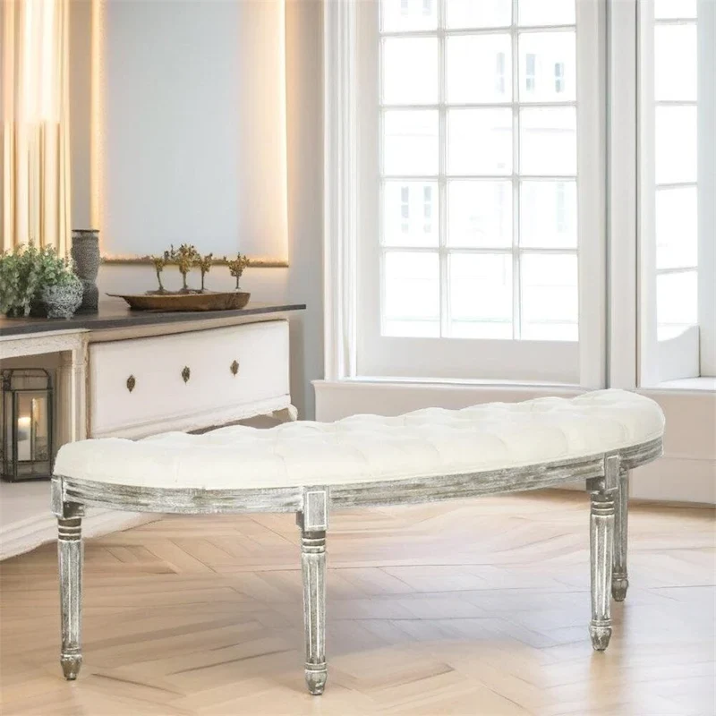 Semi-Circle Tufted Velvet Bench with Rubberwood Legs