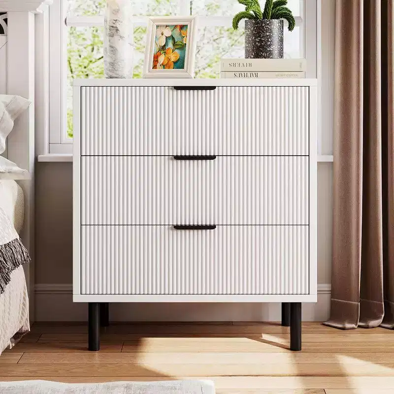 Fluted 3 Drawers Dresser, Wide Wood Chest of Drawers, Modern Storage Dresser Chest of Drawers Organizer with Metal Legs