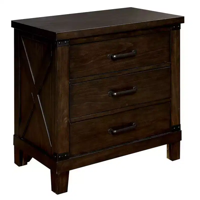 3 Drawer Nightstand with Metal Handle And Crossed Planked Side Panels, Brown
