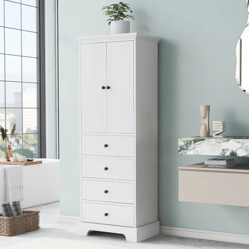 Storage Cabinet with 2 Doors and 4 Drawers for Bathroom, Office, Adjustable Shelf
