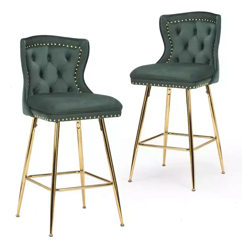 PexFix 2Pcs Bar Stools Velvet Counter Height Bar Stools with Metal Legs Button Tufted and Nailheads Trim Wing-Back Bar Chairs Green
