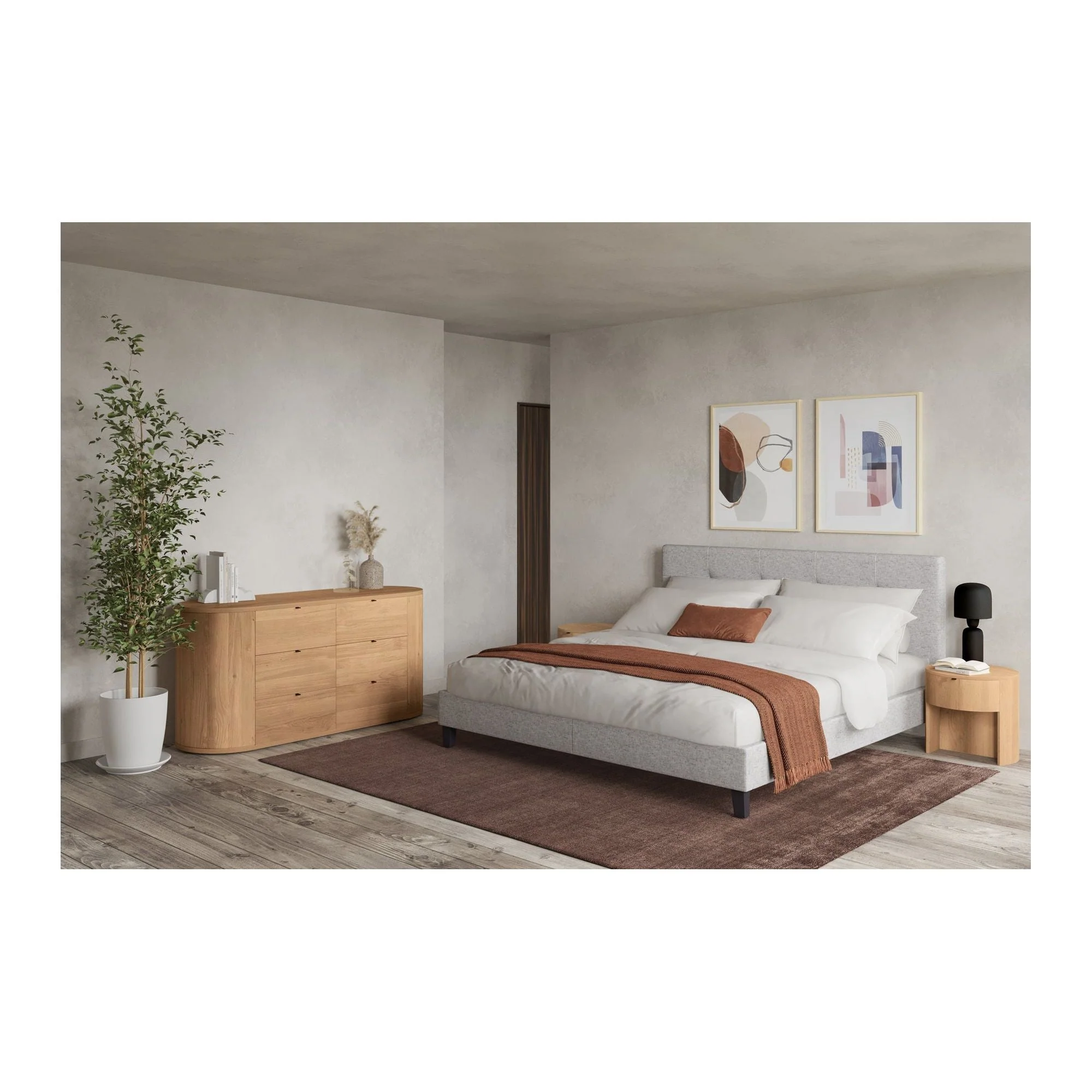 Minimalist Curved Solid Oak 1-Drawer Nightstand with Soft-Close Glides & Metal Pull for Bedroom