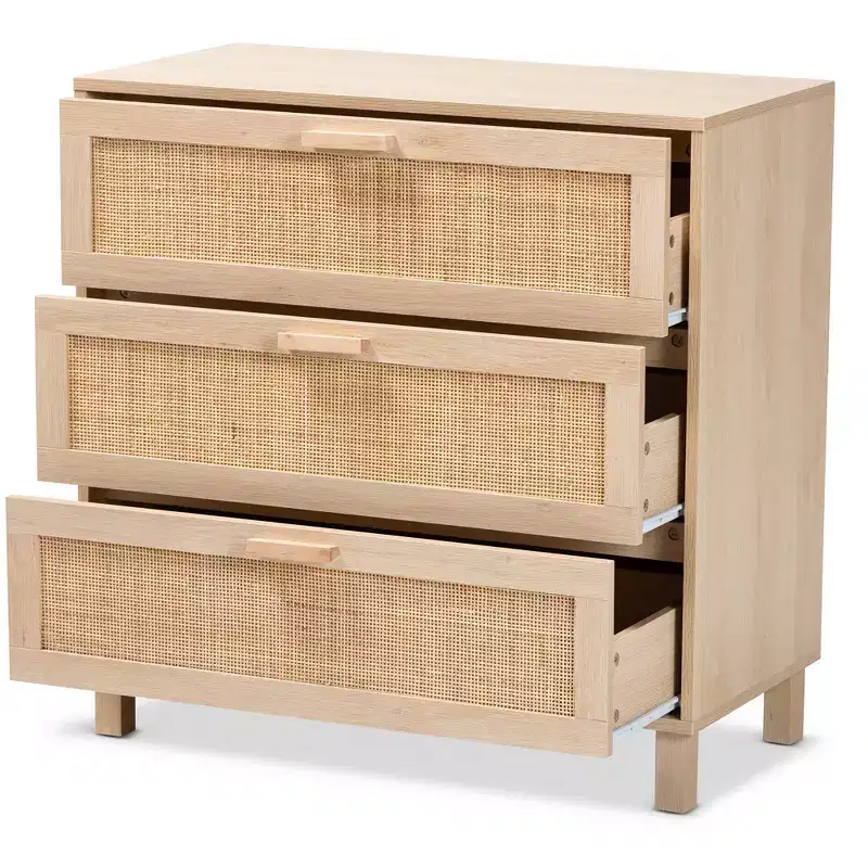 3-Drawer Wood & Natural Rattan Storage Chest – Light Brown