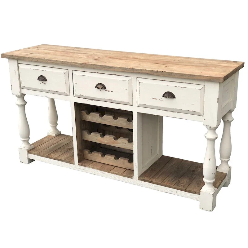 Farmhouse Console Wine Rack with Chalk White Finish and Natural Top