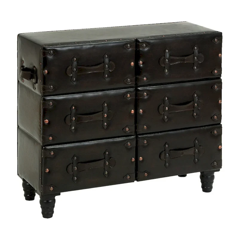 Vintage Wood Chest with Faux Leather, Rivets & Straps, Rustic Black Decorative Storage Trunk