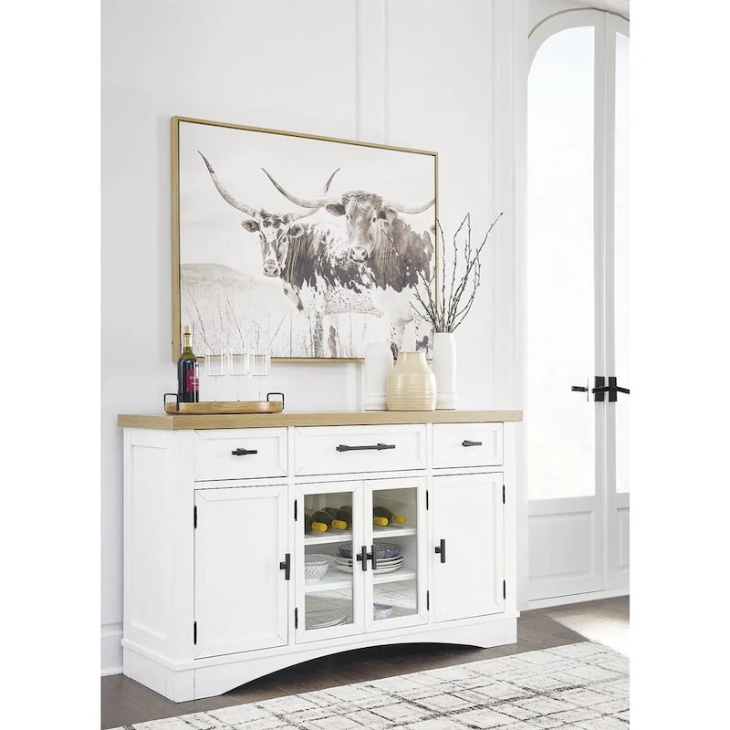 Dining Server with Glass Cabinet & Drawers – White / Natural Oak, Farmhouse Style