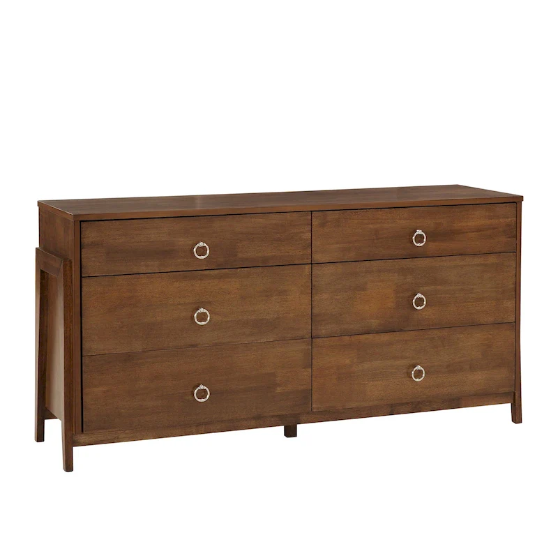 Mid-Century 6-Drawer Rubberwood Dresser – Tobacco Brown or Charcoal Grey