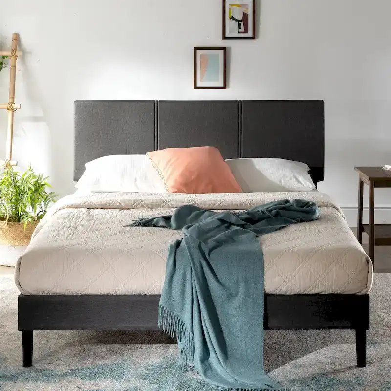Grey Upholstered Platform Bed Frame with Sustainable Bamboo Slats