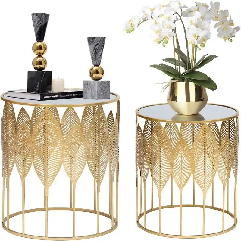 Gold Round Metal Nesting Side Table, Single, Leaf Accent