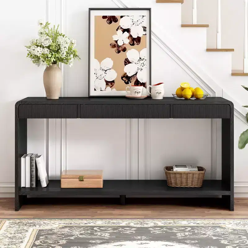 Whisen Modern Entryway Console Table, Elegant Hallway Table, Slim Sofa Table with 3-Drawer, Vertical Slats, Round Edge Design