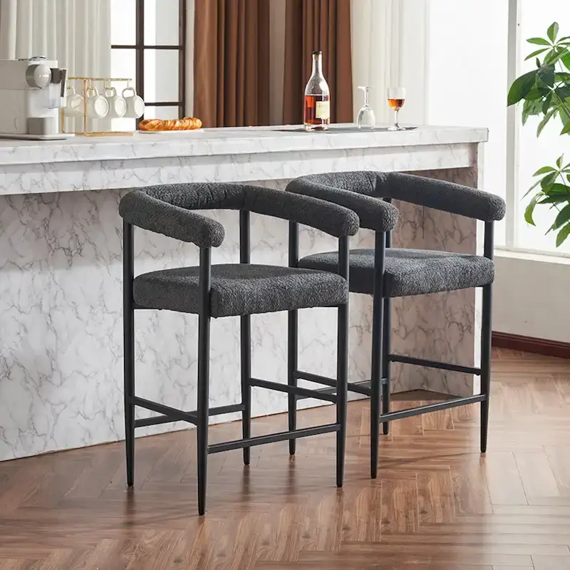 Modern Boucle Bar Stools, Counter Height with Metal Frame and Armrests for Kitchen Island, Dining Room