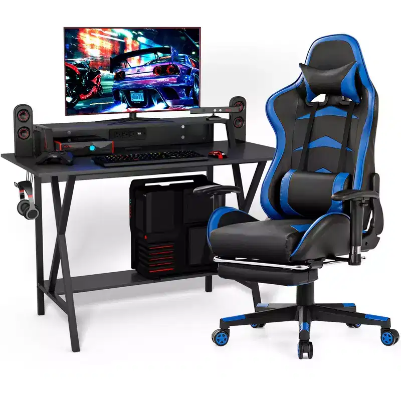 Costway Gaming Desk&Massage Gaming Chair Set w/ Footrest Monitor Shelf Power Strip Blue