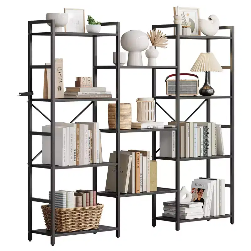 4-Tier Industrial Bookshelf with Adjustable Wood Shelves and Metal Frame, Wide Storage Rack for Home and Office