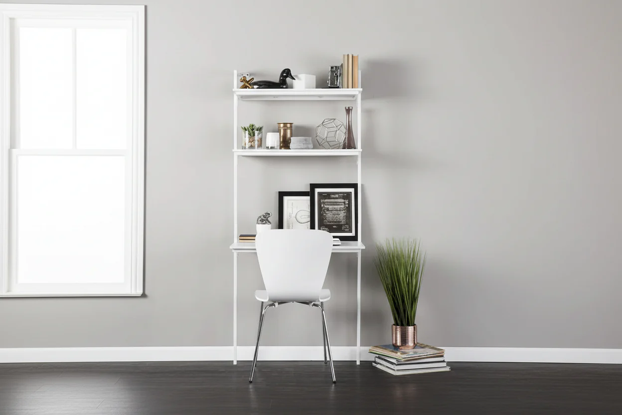 Wall Mount Floating Desk with Open Shelves – White, Space-Saving Home Office