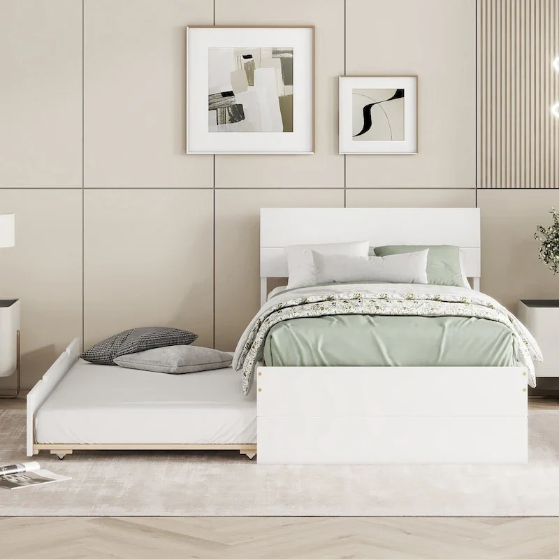 Twin Size White Wood Platform Bed with Twin Trundle